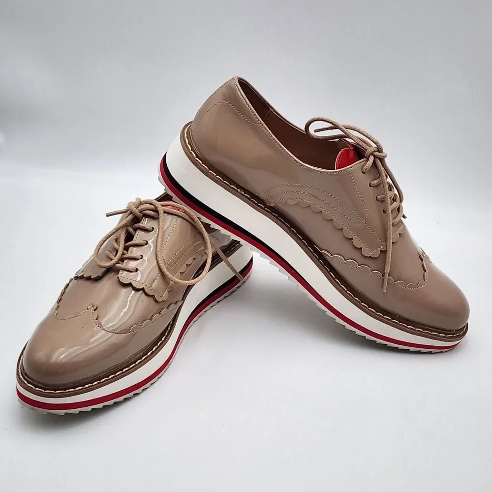 Zara Oxford Shoes Women's 38 / 7.5 Tan Nude Patent Leather  Platform‎ Lace
